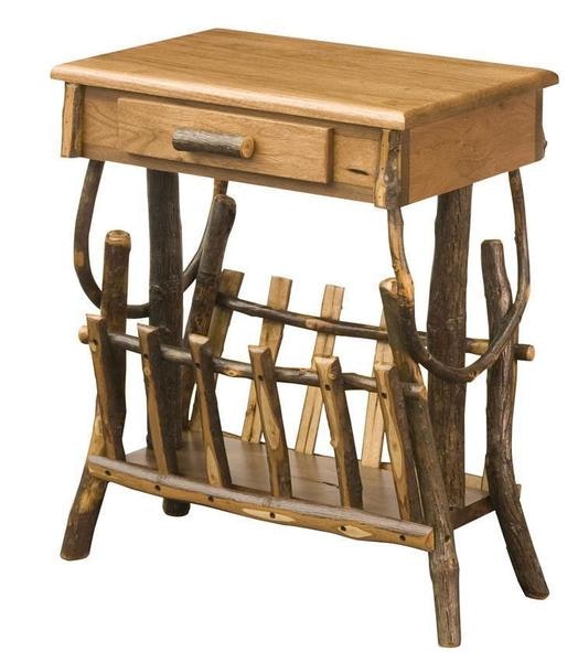 Amish 20 Wide Rustic Hickory Twig End Table with Drawer and Magazine Rack